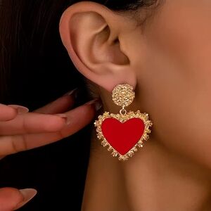 Gold and Red Heart Earrings